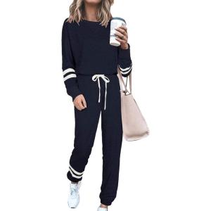 imagePRETTYGARDEN Womens Tie Dye Two Piece Pajamas Set Casual Long Sleeve Sweatshirt with Long Pants LoungewearStriped Navy