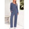 imagePRETTYGARDEN Womens 2 Piece Lounge Sets Ribbed Knit Long Sleeve V Neck Pullover Tops Wide Leg Pants Spring Fall OutfitsDark Blue