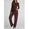 imagePRETTYGARDEN Womens Spring Fall Two Piece Outfits Tracksuits Long Sleeve Crop Tee Shirts Wide Leg Pants Matching Lounge SetsRed Brown
