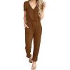 imagePRETTYGARDEN Jumpsuits for Women 2025 Spring Summer Casual Dressy Short Sleeve Romper Airport Vacation Travel OutfitsLight Brown