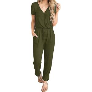 imagePRETTYGARDEN Jumpsuits for Women 2025 Spring Summer Casual Dressy Short Sleeve Romper Airport Vacation Travel OutfitsArmy Green