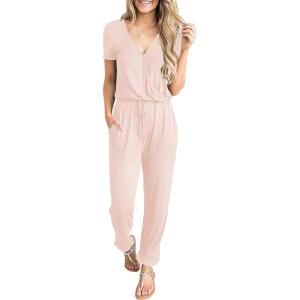 imagePRETTYGARDEN Jumpsuits for Women 2025 Spring Summer Casual Dressy Short Sleeve Romper Airport Vacation Travel OutfitsBeige