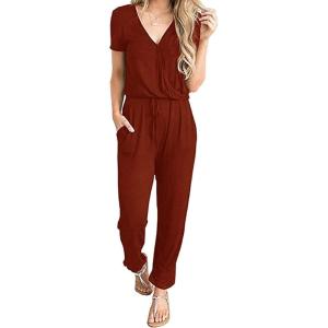 imagePRETTYGARDEN Jumpsuits for Women 2025 Spring Summer Casual Dressy Short Sleeve Romper Airport Vacation Travel OutfitsBrick Red