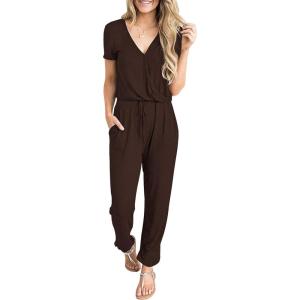 imagePRETTYGARDEN Jumpsuits for Women 2025 Spring Summer Casual Dressy Short Sleeve Romper Airport Vacation Travel OutfitsCoffee