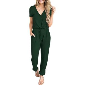 imagePRETTYGARDEN Jumpsuits for Women 2025 Spring Summer Casual Dressy Short Sleeve Romper Airport Vacation Travel OutfitsDark Green