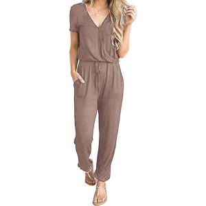 imagePRETTYGARDEN Jumpsuits for Women 2025 Spring Summer Casual Dressy Short Sleeve Romper Airport Vacation Travel OutfitsDark Khaki