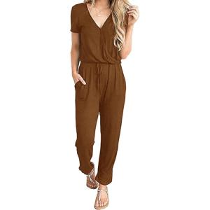 imagePRETTYGARDEN Jumpsuits for Women 2025 Spring Summer Casual Dressy Short Sleeve Romper Airport Vacation Travel OutfitsLight Brown