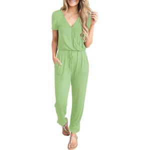 imagePRETTYGARDEN Jumpsuits for Women 2025 Spring Summer Casual Dressy Short Sleeve Romper Airport Vacation Travel OutfitsLight Green