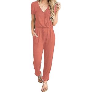 imagePRETTYGARDEN Jumpsuits for Women 2025 Spring Summer Casual Dressy Short Sleeve Romper Airport Vacation Travel OutfitsLight Pink