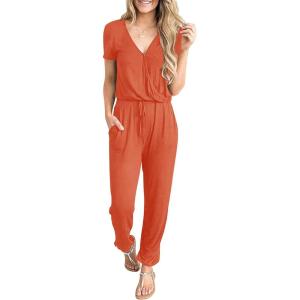 imagePRETTYGARDEN Jumpsuits for Women 2025 Spring Summer Casual Dressy Short Sleeve Romper Airport Vacation Travel OutfitsOrange Red