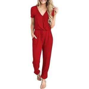 imagePRETTYGARDEN Jumpsuits for Women 2025 Spring Summer Casual Dressy Short Sleeve Romper Airport Vacation Travel OutfitsRed