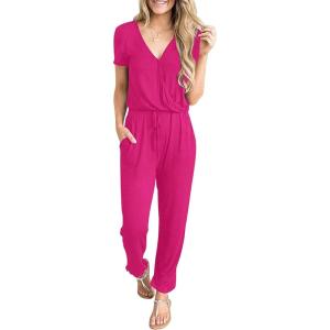 imagePRETTYGARDEN Jumpsuits for Women 2025 Spring Summer Casual Dressy Short Sleeve Romper Airport Vacation Travel OutfitsRose Red