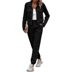 imagePRETTYGARDEN Womens 2025 Winter 2 Piece Outfit Tracksuit Long Sleeve Button Down Shacket Jacket Pockets Long Pants Casual SetBlack
