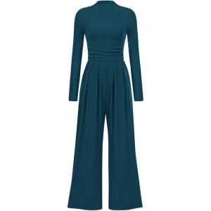 imagePRETTYGARDEN Womens Jumpsuit Dressy Casual Spring Fall Fashion One Piece Outfits Long Sleeve Mock Neck Wide Leg Pants RompersLake Blue