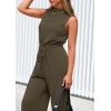 imagePRETTYGARDEN Spring Jumpsuits for Women Casual Dressy 2025 One Piece Outfits Sleeveless Mock Neck Wide Leg Pants RompersArmy Green