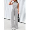 imagePRETTYGARDEN Spring Jumpsuits for Women Casual Dressy 2025 One Piece Outfits Sleeveless Mock Neck Wide Leg Pants RompersGrey
