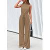 imagePRETTYGARDEN Spring Jumpsuits for Women Casual Dressy 2025 One Piece Outfits Sleeveless Mock Neck Wide Leg Pants RompersKhaki
