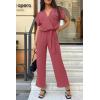 imagePRETTYGARDEN Womens One Piece Jumpsuits Dressy Casual Summer Short Sleeve Wrap V Neck Belted Wide Leg Pants RomperDark Pink