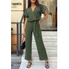 imagePRETTYGARDEN Womens One Piece Jumpsuits Dressy Casual Summer Short Sleeve Wrap V Neck Belted Wide Leg Pants RomperLight Army Green