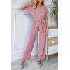 imagePRETTYGARDEN Womens One Piece Jumpsuits Dressy Casual Summer Short Sleeve Wrap V Neck Belted Wide Leg Pants RomperPink