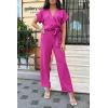 imagePRETTYGARDEN Womens One Piece Jumpsuits Dressy Casual Summer Short Sleeve Wrap V Neck Belted Wide Leg Pants RomperRose Red