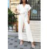 imagePRETTYGARDEN Womens One Piece Jumpsuits Dressy Casual Summer Short Sleeve Wrap V Neck Belted Wide Leg Pants RomperWhite