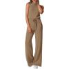 imagePRETTYGARDEN Spring Jumpsuits for Women Casual Dressy 2025 One Piece Outfits Sleeveless Mock Neck Wide Leg Pants RompersKhaki