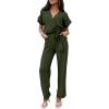 imagePRETTYGARDEN Womens One Piece Jumpsuits Dressy Casual Summer Short Sleeve Wrap V Neck Belted Wide Leg Pants RomperArmy Green