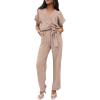 imagePRETTYGARDEN Womens One Piece Jumpsuits Dressy Casual Summer Short Sleeve Wrap V Neck Belted Wide Leg Pants RomperBeige