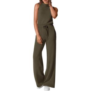 imagePRETTYGARDEN Spring Jumpsuits for Women Casual Dressy 2025 One Piece Outfits Sleeveless Mock Neck Wide Leg Pants RompersArmy Green
