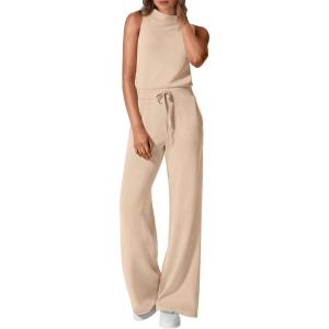 imagePRETTYGARDEN Spring Jumpsuits for Women Casual Dressy 2025 One Piece Outfits Sleeveless Mock Neck Wide Leg Pants RompersBeige