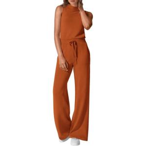 imagePRETTYGARDEN Spring Jumpsuits for Women Casual Dressy 2025 One Piece Outfits Sleeveless Mock Neck Wide Leg Pants RompersBrick Red