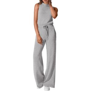 imagePRETTYGARDEN Spring Jumpsuits for Women Casual Dressy 2025 One Piece Outfits Sleeveless Mock Neck Wide Leg Pants RompersGrey