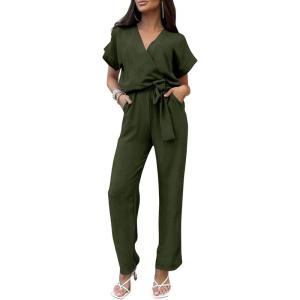 imagePRETTYGARDEN Womens One Piece Jumpsuits Dressy Casual Summer Short Sleeve Wrap V Neck Belted Wide Leg Pants RomperArmy Green