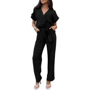 imagePRETTYGARDEN Womens One Piece Jumpsuits Dressy Casual Summer Short Sleeve Wrap V Neck Belted Wide Leg Pants RomperBlack