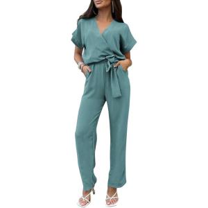 imagePRETTYGARDEN Womens One Piece Jumpsuits Dressy Casual Summer Short Sleeve Wrap V Neck Belted Wide Leg Pants RomperBlue Green