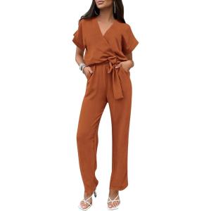 imagePRETTYGARDEN Womens One Piece Jumpsuits Dressy Casual Summer Short Sleeve Wrap V Neck Belted Wide Leg Pants RomperCaramel