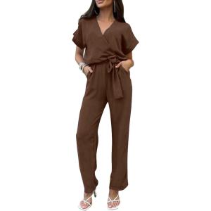 imagePRETTYGARDEN Womens One Piece Jumpsuits Dressy Casual Summer Short Sleeve Wrap V Neck Belted Wide Leg Pants RomperDark Brown