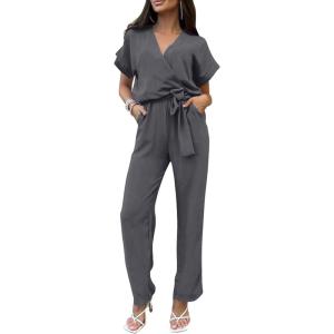imagePRETTYGARDEN Womens One Piece Jumpsuits Dressy Casual Summer Short Sleeve Wrap V Neck Belted Wide Leg Pants RomperDark Grey