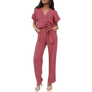 imagePRETTYGARDEN Womens One Piece Jumpsuits Dressy Casual Summer Short Sleeve Wrap V Neck Belted Wide Leg Pants RomperDark Pink