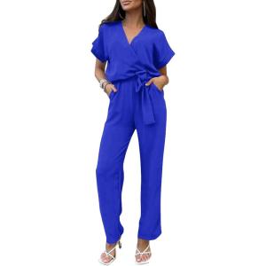 imagePRETTYGARDEN Womens One Piece Jumpsuits Dressy Casual Summer Short Sleeve Wrap V Neck Belted Wide Leg Pants RomperDark Royal Blue
