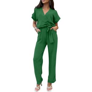 imagePRETTYGARDEN Womens One Piece Jumpsuits Dressy Casual Summer Short Sleeve Wrap V Neck Belted Wide Leg Pants RomperGreen