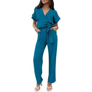 imagePRETTYGARDEN Womens One Piece Jumpsuits Dressy Casual Summer Short Sleeve Wrap V Neck Belted Wide Leg Pants RomperLake Blue