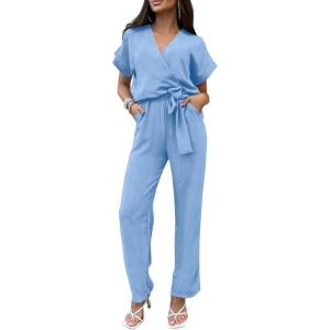 imagePRETTYGARDEN Womens One Piece Jumpsuits Dressy Casual Summer Short Sleeve Wrap V Neck Belted Wide Leg Pants RomperLight Blue