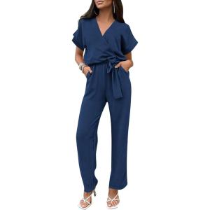 imagePRETTYGARDEN Womens One Piece Jumpsuits Dressy Casual Summer Short Sleeve Wrap V Neck Belted Wide Leg Pants RomperNavy