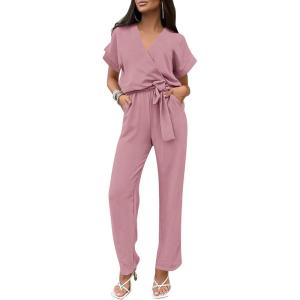 imagePRETTYGARDEN Womens One Piece Jumpsuits Dressy Casual Summer Short Sleeve Wrap V Neck Belted Wide Leg Pants RomperPink