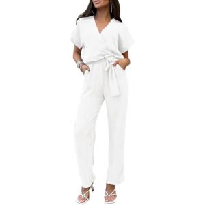imagePRETTYGARDEN Womens One Piece Jumpsuits Dressy Casual Summer Short Sleeve Wrap V Neck Belted Wide Leg Pants RomperWhite