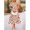 imagePRETTYGARDEN Womens 2025 Summer Boho Midi Dress Off Shoulder Puff Sleeve Print Smocked Ruffle Beach Long Flowy DressesBrown