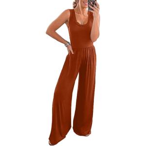 imagePRETTYGARDEN Sleeveless Tank Wide Leg One Piece Jumpsuits 2025 Spring Summer Travel Airport Outfits Casual Pants RompersOrange Red