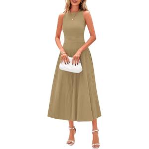 imagePRETTYGARDEN Spring Casual Dresses for Women 2025 Summer Business Work Midi Sleeveless A Line Pleated Cocktail DressCamel